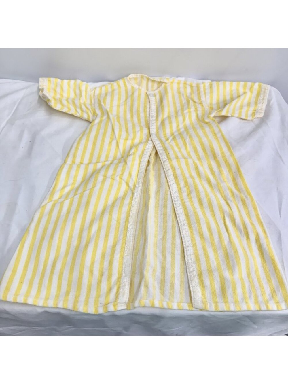 Vintage Yellow White Striped Baby Flannel Sleep Gown Gripper Snap Front 18” Long